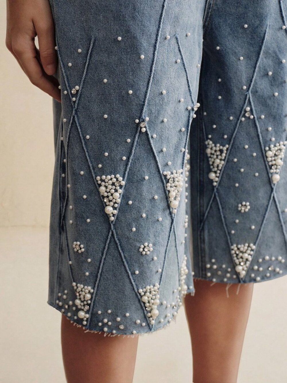 Blue Party Women's Embellished Pearl Decor Straight Leg Jeans